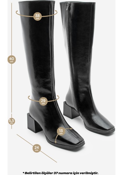 Kadın Küt Burun Fermuarlı Kalın Topuklu Çizme Lusso Siyah