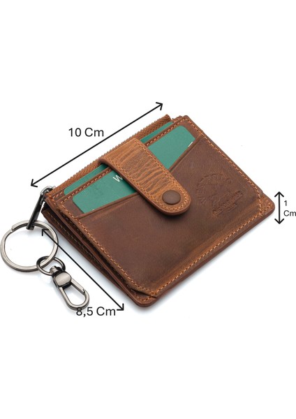 Hakiki Eskitme Deri Anahtarlıklı ve Fermuarlı Bol Kart Bölmeli Unisex Kartlık - G2 Taba