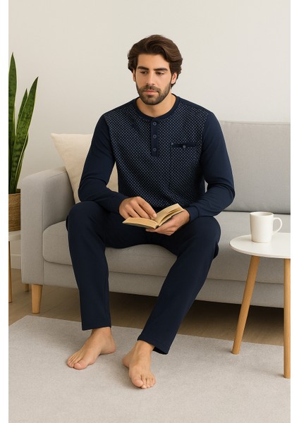 %100 Pamuk Erkek Puantiyeli Pijama Takımı Rahat Ev ve Uyku Seti