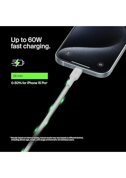 Boost Charge Örgülü Usb-C, Hızlı Şarj Cihazı, Usb-C Şarj Kablosu, 16, 15, S24, S23,, Ipad,, ve Daha Fazlası Için, 1 Metre, 2'li Paket, Beyaz modelleri