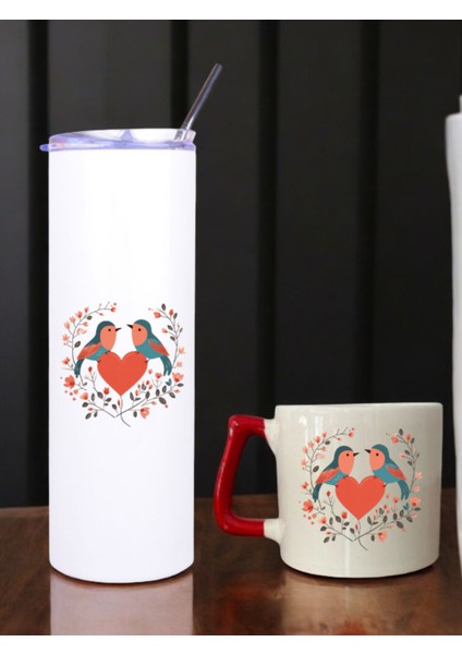 Çiçek Kuş Baskılı 600 ml Termos ve 250 ml Bardak - Pipetli Termos ve Bardak Seti