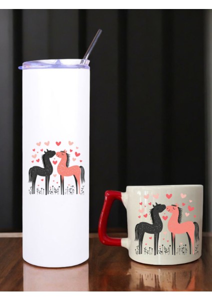 At Kalp Baskılı 600 ml Termos ve 250 ml Bardak - Pipetli Termos ve Bardak Seti