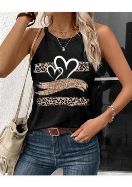 Kadın Sıfır Kol Halter Yaka Kalp Baskılı Viskon Bluz