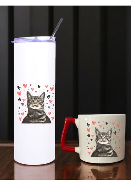 Kedi Kalp Baskılı 600 ml Termos ve 250 ml Bardak - Pipetli Termos ve Bardak Seti