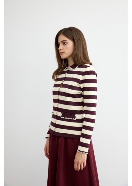 Çizgili Triko Hırka Bordo modelleri