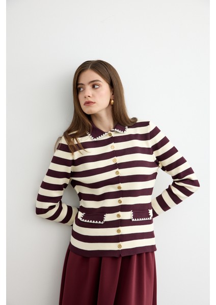 Çizgili Triko Hırka Bordo fırsatları