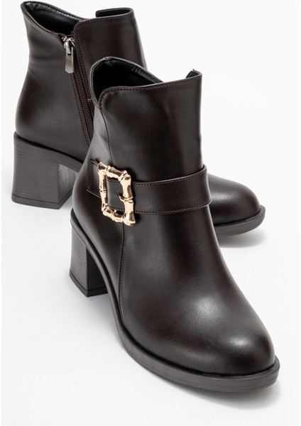 Kadın Büyük Altın Tokalı Topuklu Bot Kahve Cilt