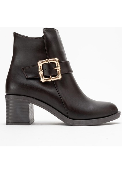 Kadın Büyük Altın Tokalı Topuklu Bot Kahve Cilt fiyatları