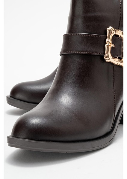 Kadın Büyük Altın Tokalı Topuklu Bot Kahve Cilt modelleri