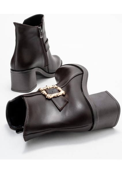 Kadın Büyük Altın Tokalı Topuklu Bot Kahve Cilt fırsatları