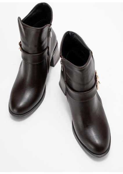 Kadın Büyük Altın Tokalı Topuklu Bot Kahve Cilt indirimleri