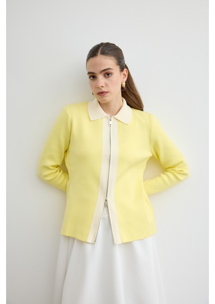 Fermuarlı Kontrast Triko Hırka Soft Sarı