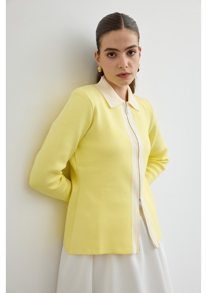 Fermuarlı Kontrast Triko Hırka Soft Sarı fiyatları