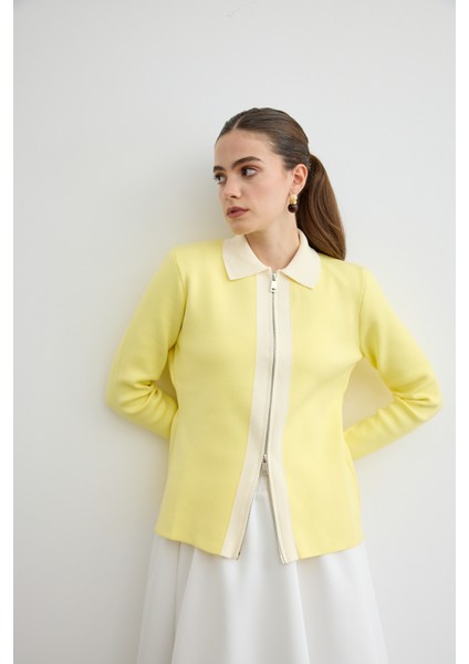 Fermuarlı Kontrast Triko Hırka Soft Sarı indirimleri