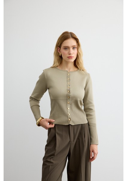 Mini Gold Düğmeli Triko Hırka Çağla Yeşili
