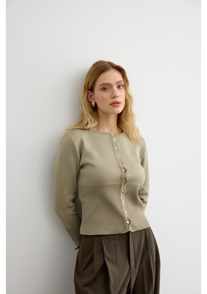 Mini Gold Düğmeli Triko Hırka Çağla Yeşili modelleri