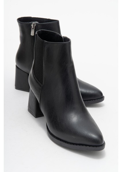 Kadın Sade Lastikli Sivri Burunlu Topuklu Bot Siyah Cilt