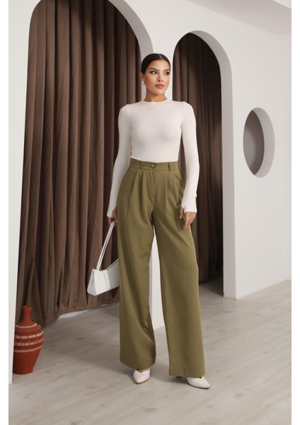 Kadın Haki Yüksek Bel Palazzo Pantolon