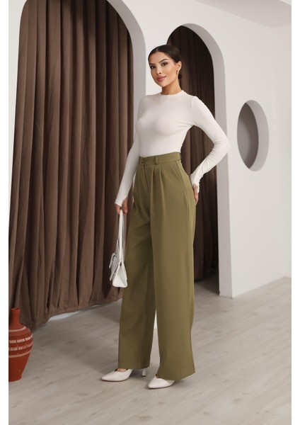 Kadın Haki Yüksek Bel Palazzo Pantolon