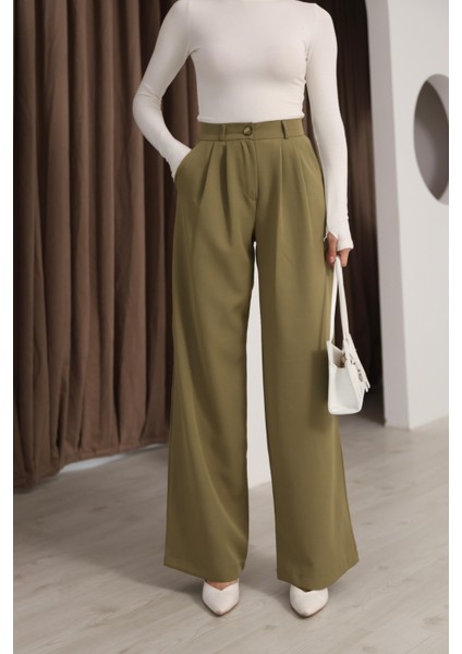 Kadın Haki Yüksek Bel Palazzo Pantolon