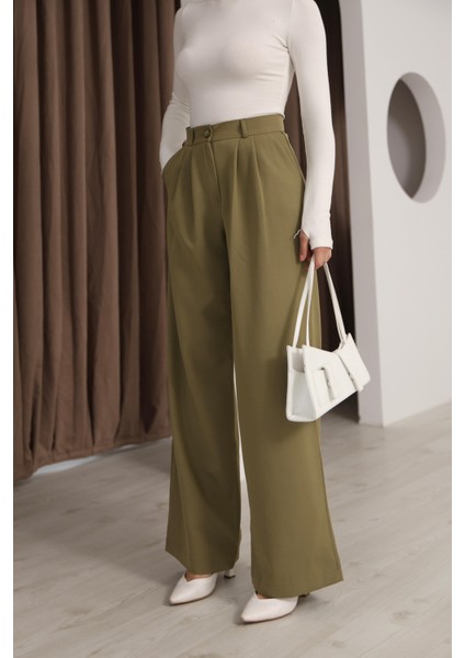 Kadın Haki Yüksek Bel Palazzo Pantolon
