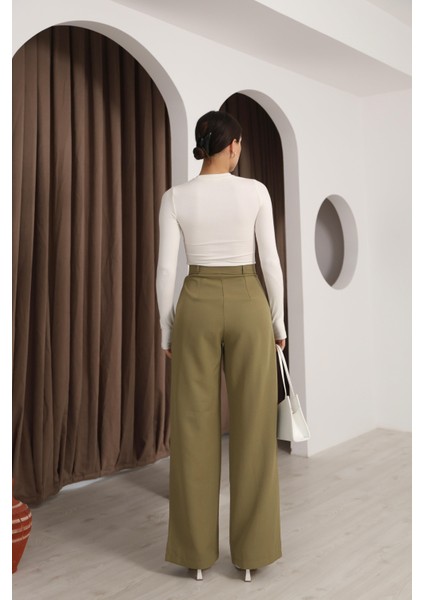 Kadın Haki Yüksek Bel Palazzo Pantolon