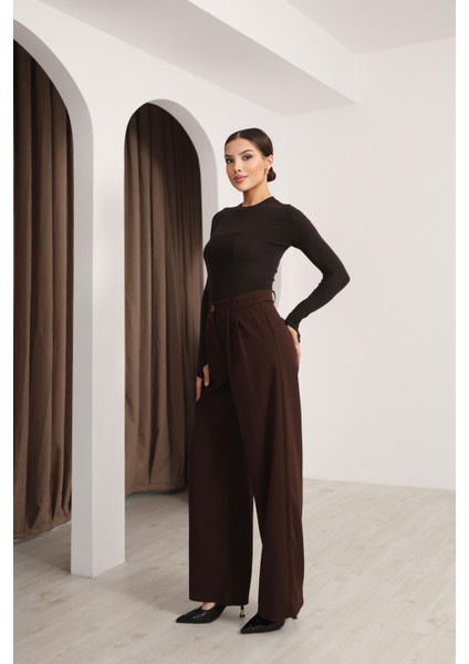 Kadın Kahverengi Yüksek Bel Palazzo Pantolon