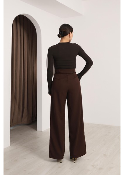 Kadın Kahverengi Yüksek Bel Palazzo Pantolon