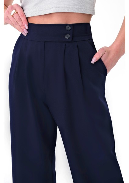 Kadın Lacivert Çift Düğmeli Palazzo Pantolon