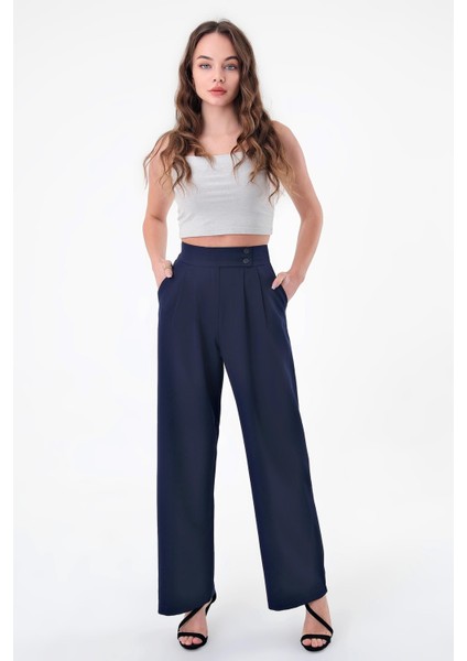 Kadın Lacivert Çift Düğmeli Palazzo Pantolon fiyatları