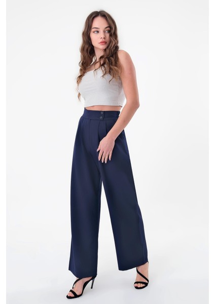 Kadın Lacivert Çift Düğmeli Palazzo Pantolon modelleri