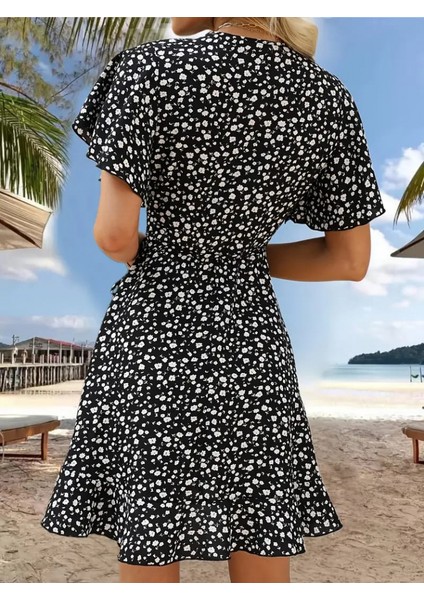 Kadın Kısa Kollu Kolu ve Eteği Volanlı Fırfırlı Çiçek Desenli Mini Elbise modelleri
