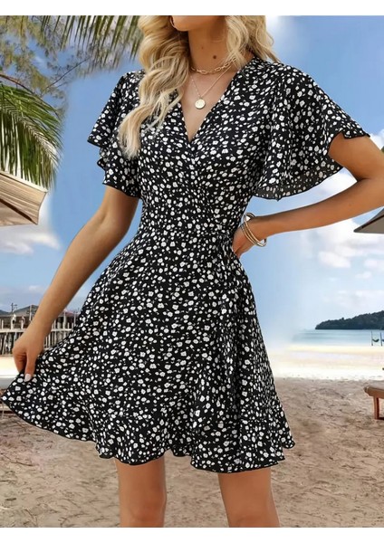 Kadın Kısa Kollu Kolu ve Eteği Volanlı Fırfırlı Çiçek Desenli Mini Elbise indirimleri