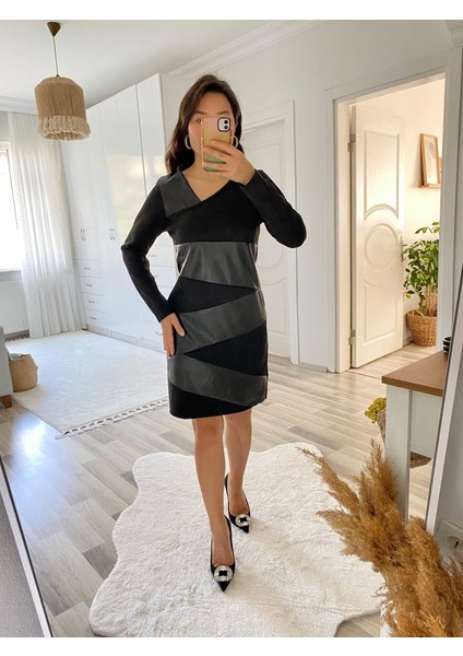 Kadın Uzun Kollu Asimetrik Yaka Süet ve Deri Mini Boy Elbise fiyatları