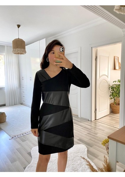 Kadın Uzun Kollu Asimetrik Yaka Süet ve Deri Mini Boy Elbise fırsatları
