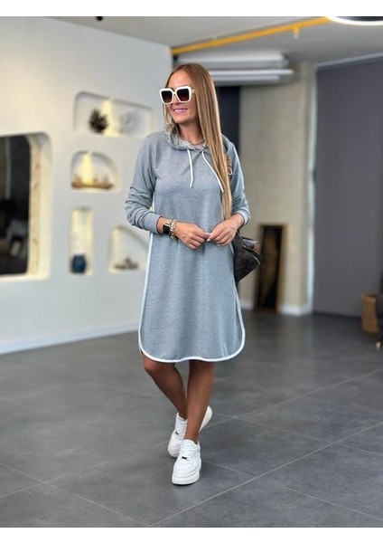 Kadın Uzun Kollu Kapüşon ve Ribana Detay Diz Üstü Elbise fırsatları