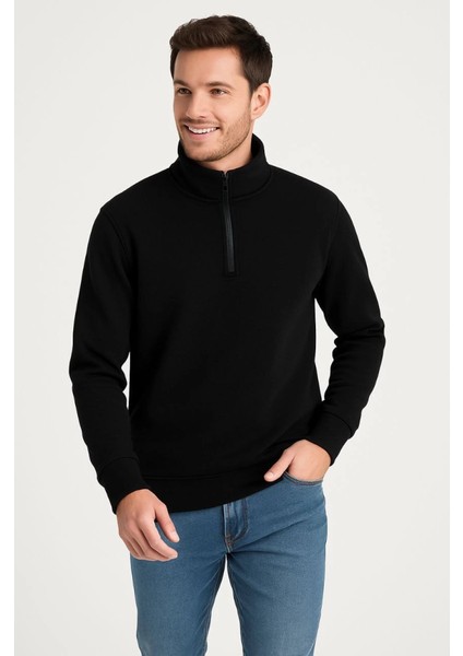 Erkek Dik Yaka Sweatshirt Dik Yaka Yarım Fermuarlı 3 Iplik Şardonlu Pamuk Kumaş - Siyah modelleri