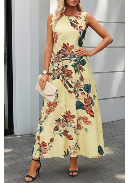 Kadın Askılı Yuvarlak Yaka Cepli Desenli Süprem Elbise