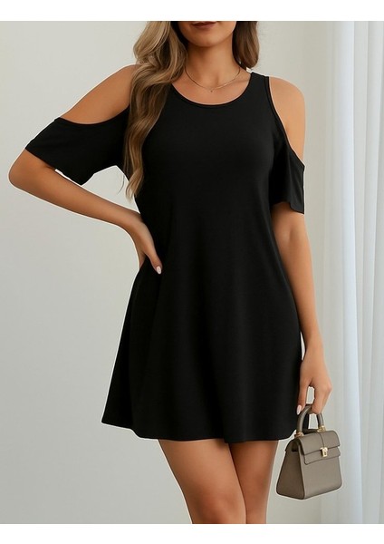 Kadın Kısa Kollu Omuz Pencere Detay Kiloş Viskon Elbise