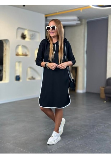 Kadın Uzun Kollu Kapüşon ve Ribana Detay Diz Üstü Elbise