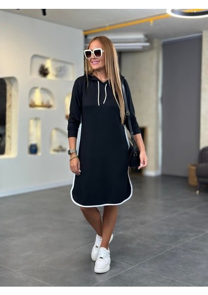 Kadın Uzun Kollu Kapüşon ve Ribana Detay Diz Üstü Elbise fırsatları