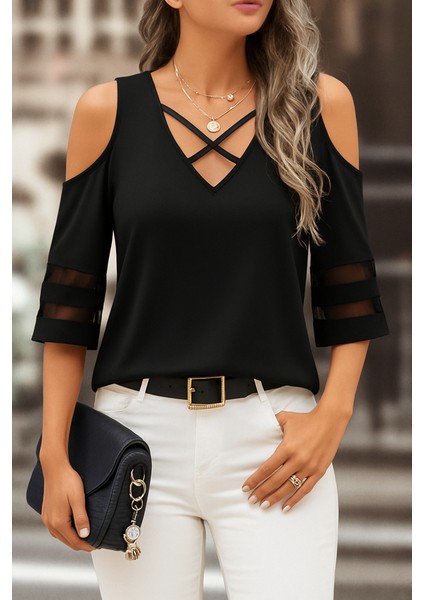 Kadın Kısa Kollu V Yakalı Soğuk Omuz Kolda Ip Detaylı Kolda Şifon Tül Detaylı Janjan Krep Bluz