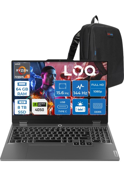 Loq 15ARP9 Amd Ryzen 5 7235HS 64GB Ddr5 8tb SSD Freedos RTX4050 6gb 105W 15.6" Fhd (1920X1080) IPS 300NITS 144Hz Gaming Laptop 83JC00H4TRF42 + Zetta Çanta