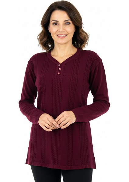 Kadın Kışlık Kendinden Motifli Armut Yaka Üç Düğmeli Normal Kesim Likralı Pamuklu Kardelen Dokuma Anne Kazak