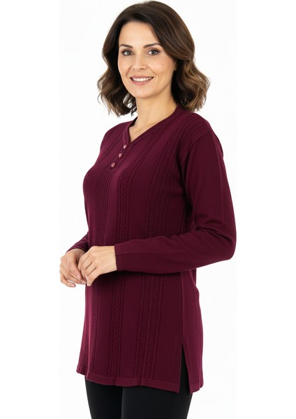 Kadın Kışlık Kendinden Motifli Armut Yaka Üç Düğmeli Normal Kesim Likralı Pamuklu Kardelen Dokuma Anne Kazak modelleri