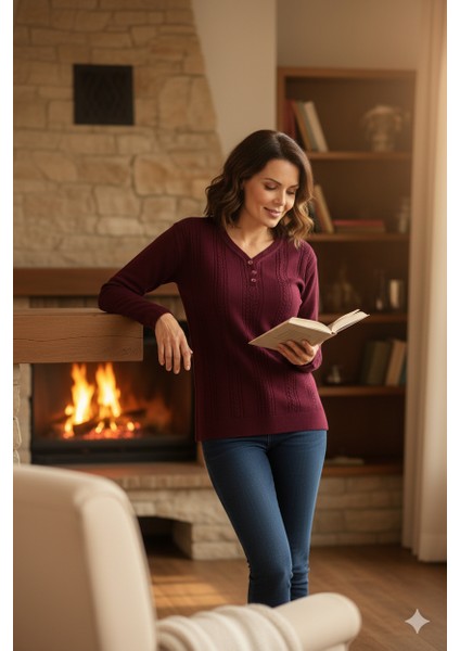 Kadın Kışlık Kendinden Motifli Armut Yaka Üç Düğmeli Normal Kesim Likralı Pamuklu Kardelen Dokuma Anne Kazak fırsatları