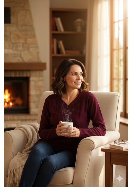 Kadın Kışlık Kendinden Motifli Armut Yaka Üç Düğmeli Normal Kesim Likralı Pamuklu Kardelen Dokuma Anne Kazak indirimleri