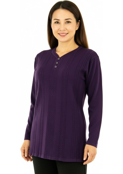 Kadın Kışlık Kendinden Motifli Armut Yaka Üç Düğmeli Normal Kesim Likralı Pamuklu Kardelen Dokuma Anne Kazak