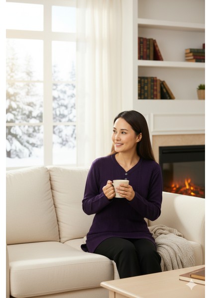 Kadın Kışlık Kendinden Motifli Armut Yaka Üç Düğmeli Normal Kesim Likralı Pamuklu Kardelen Dokuma Anne Kazak modelleri
