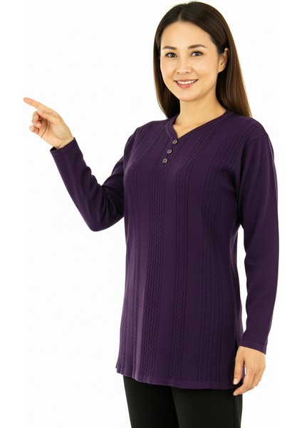 Kadın Kışlık Kendinden Motifli Armut Yaka Üç Düğmeli Normal Kesim Likralı Pamuklu Kardelen Dokuma Anne Kazak indirimleri